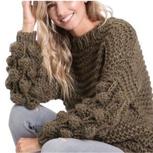 HP⭐️ Olivaceous Pom Pom Green Bubble Knit Balloon Sleeve Sweater- Size S…